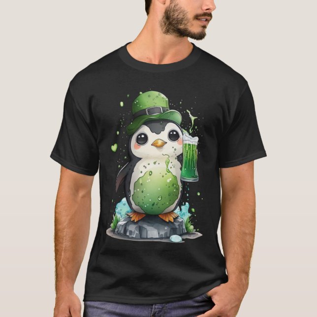 Cute Penguin Loves Beer St Patrick s Day T-Shirt (Front)