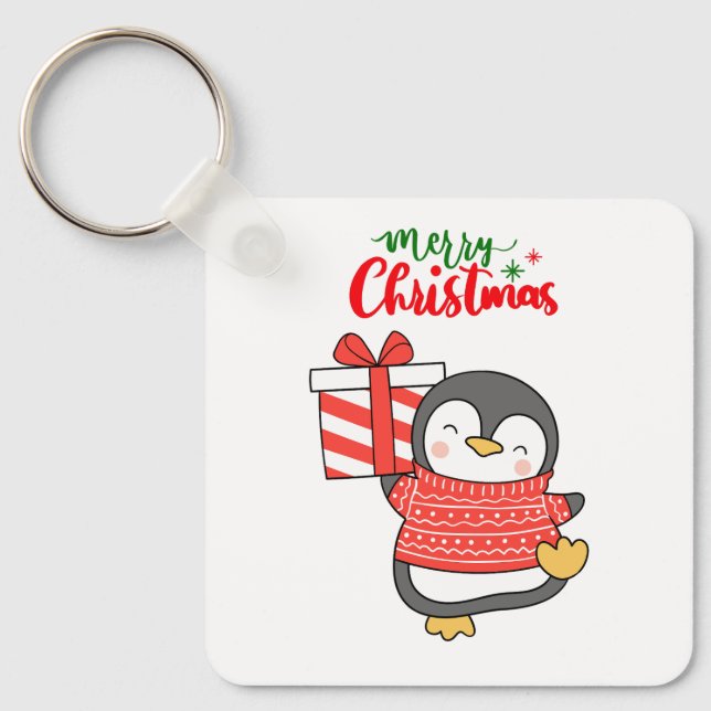 Cute Penguin Merry Christmas  Keychain (Front)