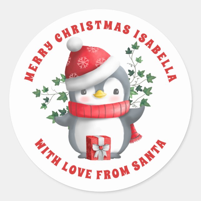 Cute Penguin Merry Christmas to Child from Santa Classic Round Sticker (Front)