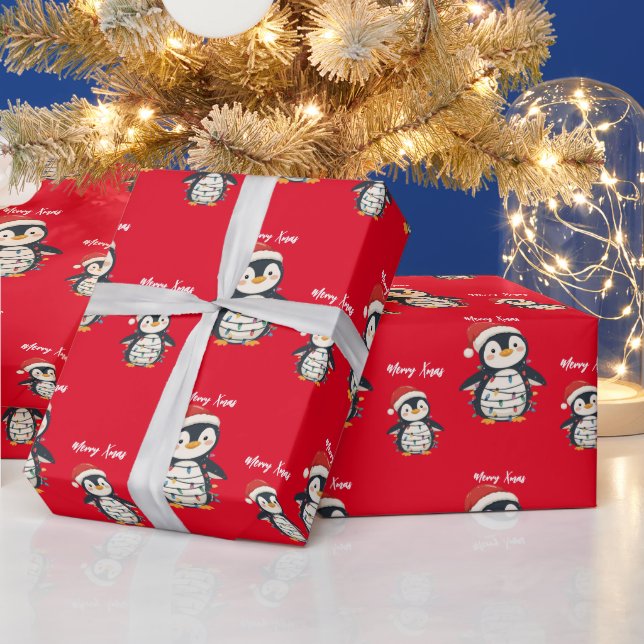 Cute penguin Merry Christmas tree winter Xmas Wrapping Paper (Holidays)