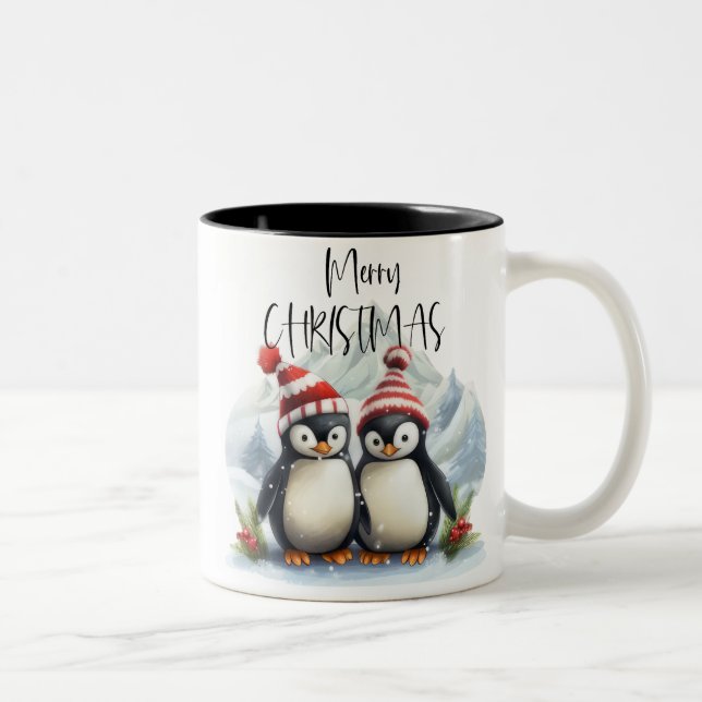 Cute Penguin /Merry Christmas Two-Tone Coffee Mug (Right)
