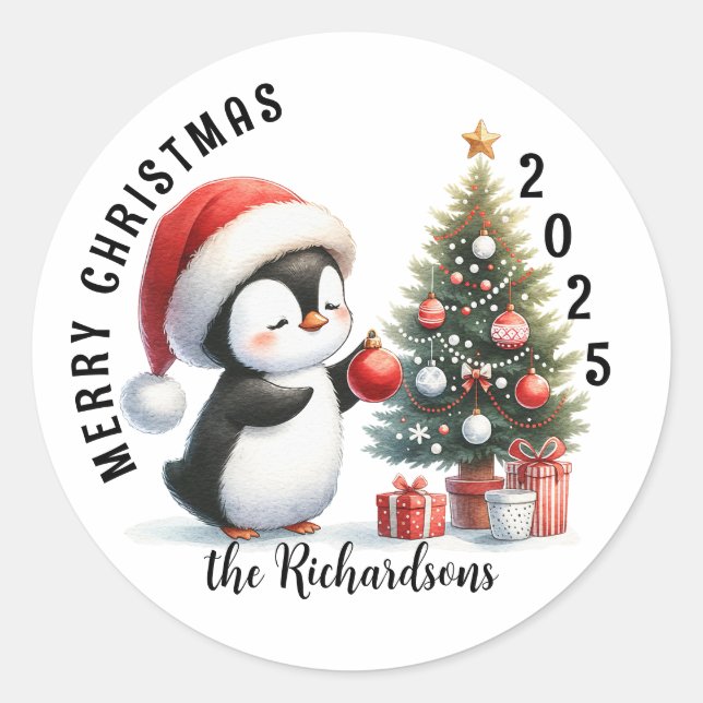 Cute Penguin Modern Custom Merry Christmas Classic Round Sticker (Front)