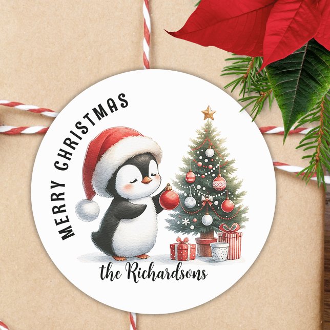 Cute Penguin Modern Personalized Merry Christmas Classic Round Sticker (Creator Uploaded)