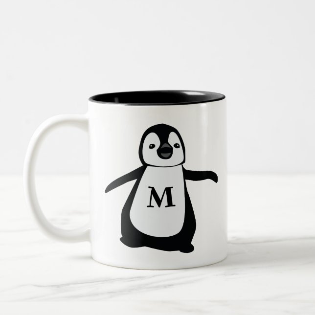 Cute Penguin Monogram Personalized Two-Tone Coffee Mug (Left)