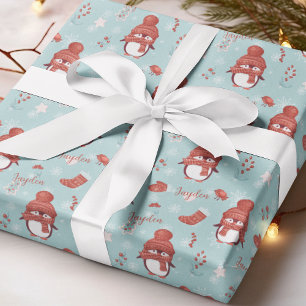 Cute Penguin Name Personalized Wrapping Paper