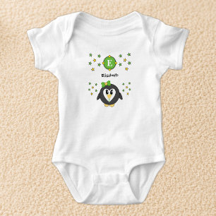 Cute penguin name stars yellow green baby bodysuit