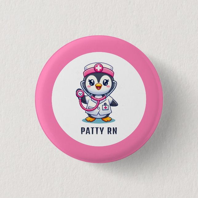 Cute Penguin Nurse Pink Stethoscope Custom 1 Inch Round Button (Front)