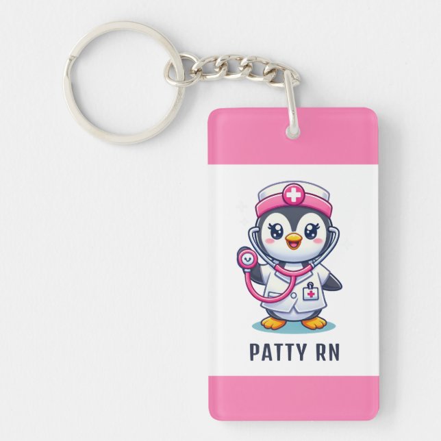 Cute Penguin Nurse Pink Stethoscope Custom Keychain (Front)