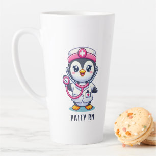 Cute Penguin Nurse Pink Stethoscope Custom Latte Mug