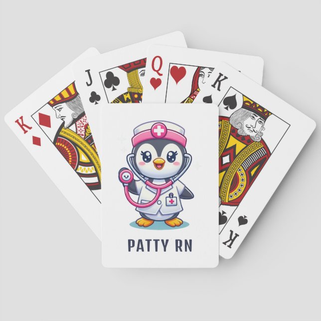 Cute Penguin Nurse Pink Stethoscope Custom Playing Cards (Back)
