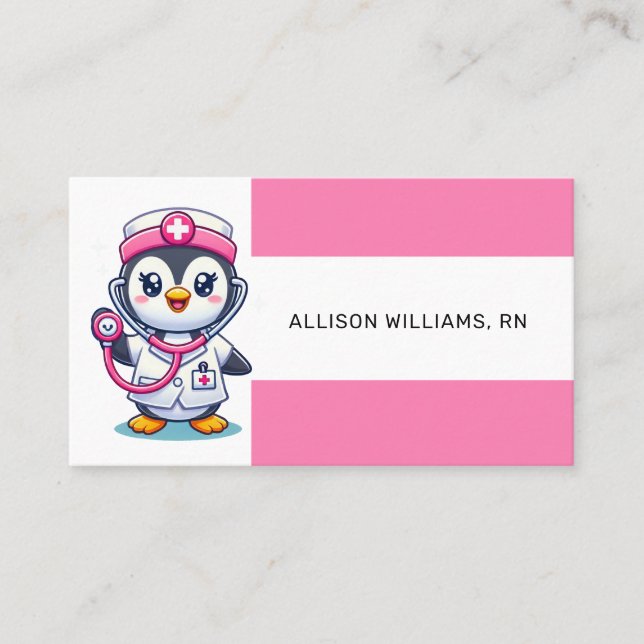 Cute Penguin Nurse Pink Stethoscope Stripe Business Card (Front)