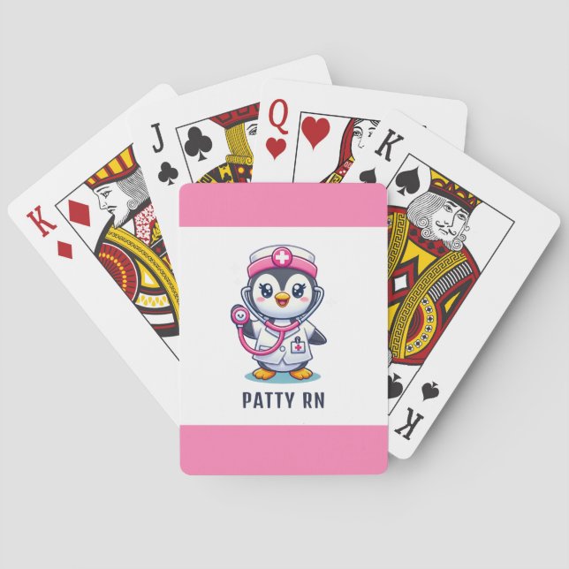 Cute Penguin Nurse Pink Stethoscope Stripe Playing Cards (Back)