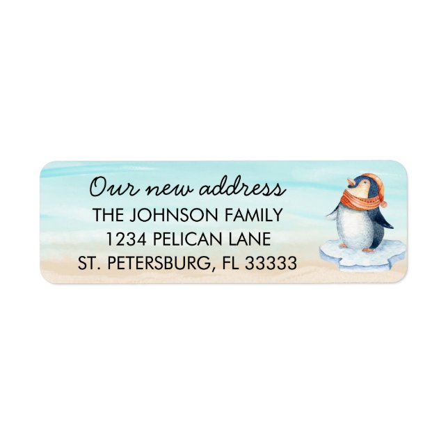 Cute Penguin on Beach Family Moved Return Address (Front)
