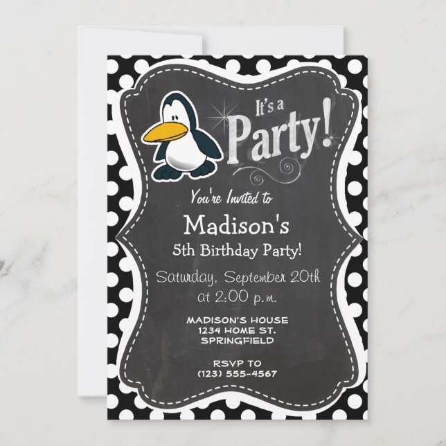 Cute penguin on Black and White Polka Dots Invitation (Front)