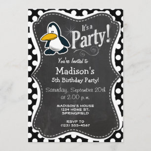 Cute penguin on Black and White Polka Dots Invitation