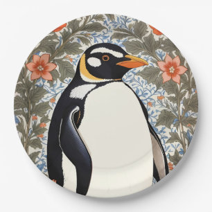 Cute Penguin On Colorful Elegant Floral Background Paper Plate