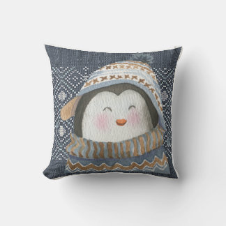 Cute Penguin on Cozy Winter Knit Pattern  Throw Pillow