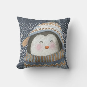 Cute Penguin on Cozy Winter Knit Pattern Throw Pillow