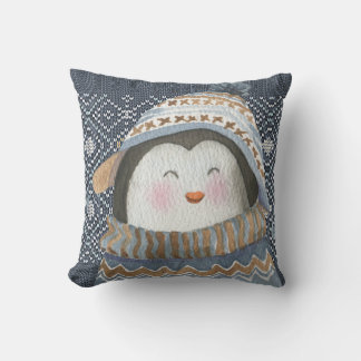 Cute Penguin on Cozy Winter Knit Pattern  Throw Pillow
