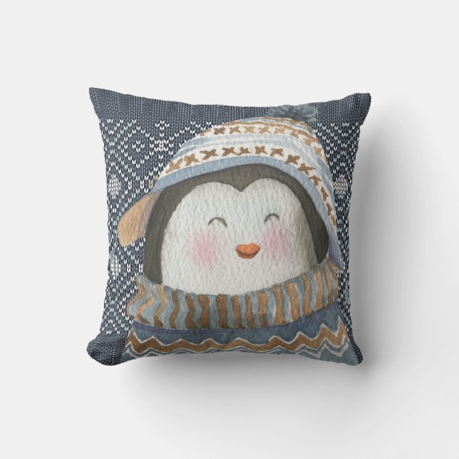 Cute Penguin on Cozy Winter Knit Pattern  Throw Pillow (Front)