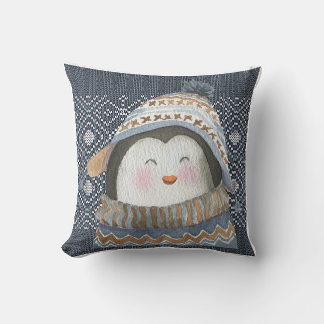 Cute Penguin on Cozy Winter Knit Pattern  Throw Pillow (Front)