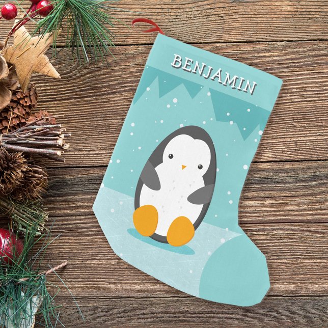 Cute Penguin on Ice Blue Winter Cartoon Name Small Christmas Stocking (Creator Uploaded)