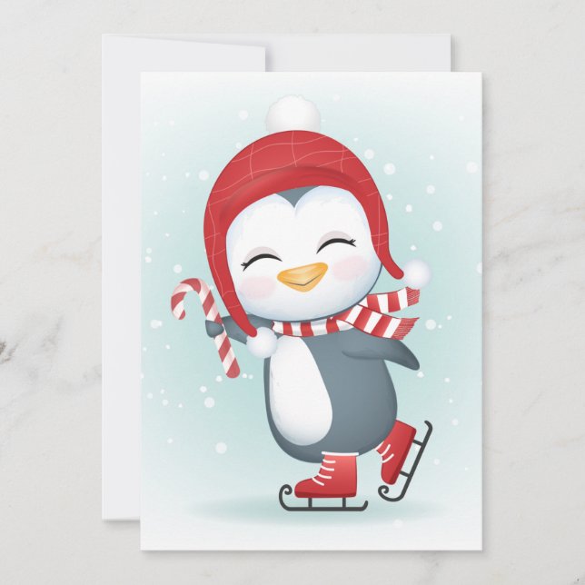Cute penguin on ice skates holiday card (Front)