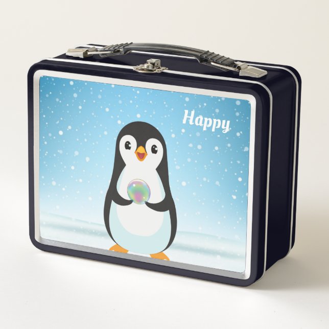 Cute Penguin on Light Blue Metal Lunch Box (Front)
