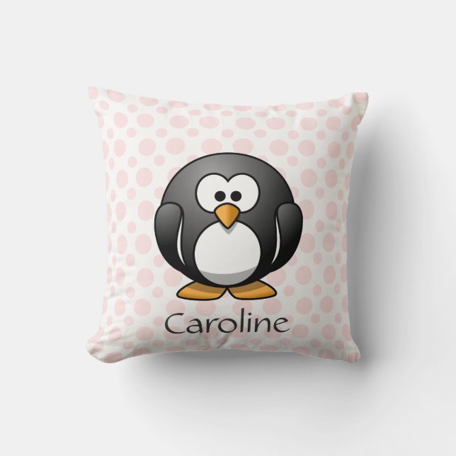 Cute Penguin on Pink Polka Dots, Add Name Throw Pillow (Front)