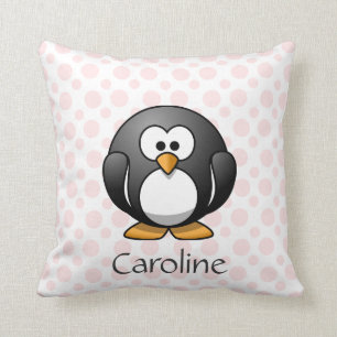 Cute Penguin on Pink Polka Dots, Add Name Throw Pillow