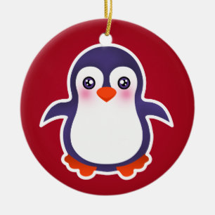 Cute Penguin On Red Background Illustration Ceramic Ornament