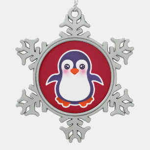 Cute Penguin On Red Background Illustration Snowflake Pewter Christmas Ornament