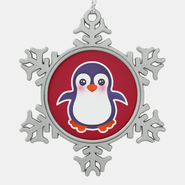 Cute Penguin On Red Background Illustration Snowflake Pewter Christmas Ornament (Front)