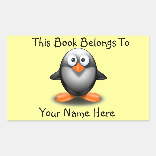 Cute Penguin on Yellow Book Name Plate Sticker (Front)