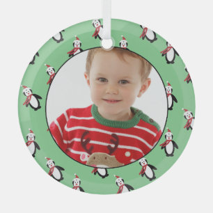 Cute Penguin Pattern Custom Photo  Glass Ornament