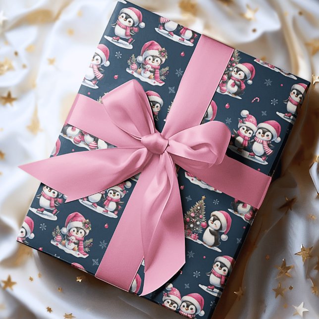 Cute Penguin Pattern Navy Blue and Pink Christmas Wrapping Paper (Creator Uploaded)
