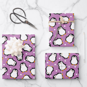 Cute penguin pattern Purple pattern Wrapping Paper Sheet