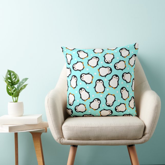 Cute penguin pattern turquoise pattern throw pillow (Chair)