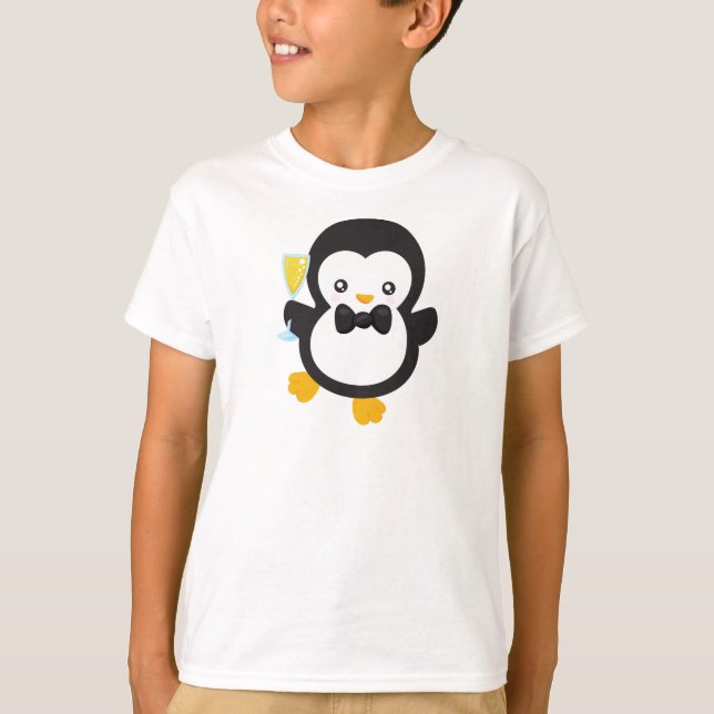 Cute Penguin, Penguin With Champagne, Party T-Shirt (Front)
