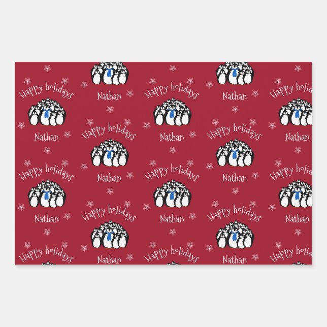 Cute Penguin Personalized Christmas Wrapping Paper Sheet (Front)