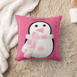 Cute Penguin Personalized Merry Christmas Throw Pillow