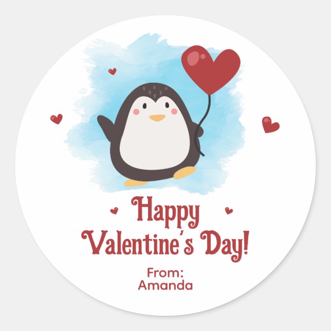 Cute Penguin Personalized Valentine's Day Classic Round Sticker (Front)