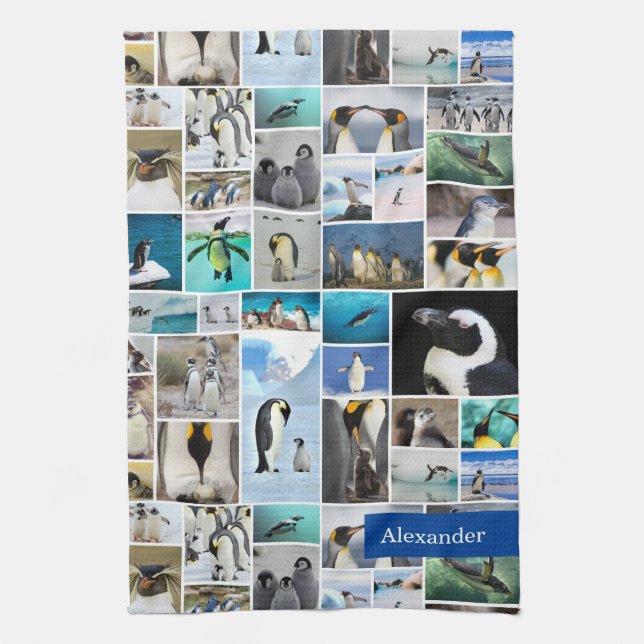 Cute Penguin Photo Collage Pattern with First Name Kitchen Towel (Vertical)