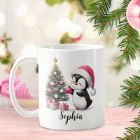 Cute Penguin Pine Tree Custom Pink Christmas