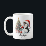 Cute Penguin Pine Tree Red White Custom Christmas Coffee Mug<br><div class="desc">This unique personalized Christmas mug features a cute penguin decorating a festive Christmas tree with red ornaments. The adorable penguin in a red Santa hat and the name template in a script font make it easy to create lovely drinkware for kids for the holiday season. It's a perfect holiday gift...</div>