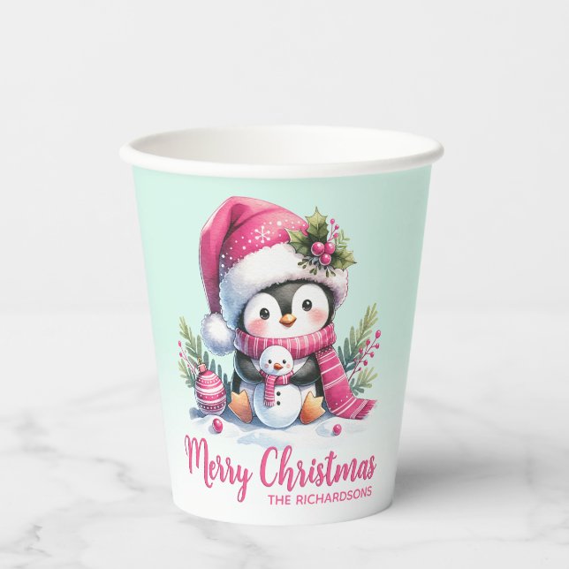 Cute Penguin Pink and Mint Green Merry Christmas Paper Cups (Front)
