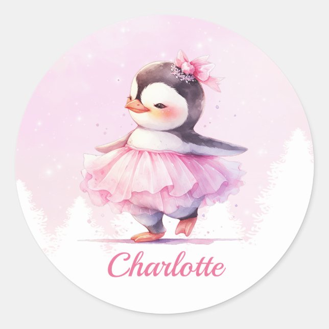 Cute Penguin Pink Ballerina Classic Round Sticker (Front)