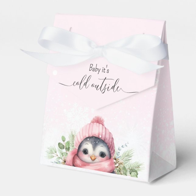 Cute Penguin Pink Girl Baby Shower Favor Box (Front Side)