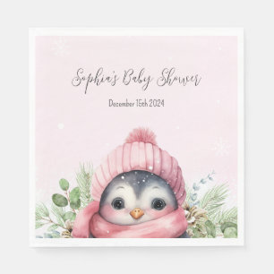 Cute Penguin Pink Girl Winter Baby Shower Napkins