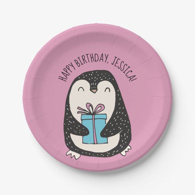 Cute Penguin Pink Personalized Birthday Paper Plate (Front)